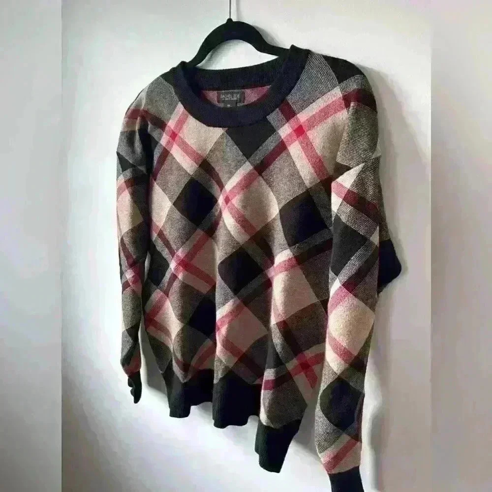 Rachel Zoe Plaid Crew Neck Sweater - Black, Pink, Tan
